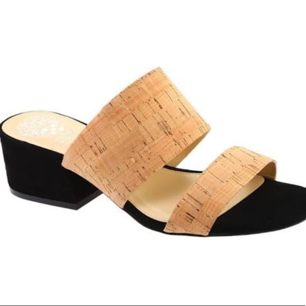 VINCE CAMUTO CAVEERA HEELED SLIDE CORK AND SUEDE